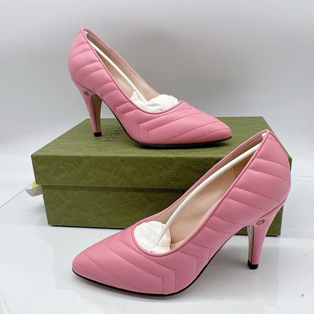 Gucci Chevron Matelasse mini Double G Logo Heel Pumps Pink Leather EU 37.5 - NEW - Picture 3 of 15